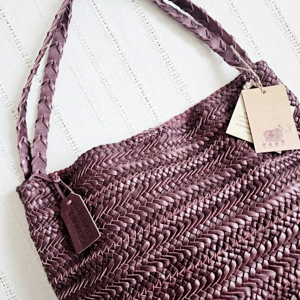 Handcrafted In India Braided Woven Leather Tote Bag Shoulder Purse Purple NWT - Picture 4 of 14